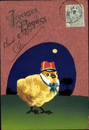 Ak Glückwunsch Ostern, Küken mit Mütze und Schleife
