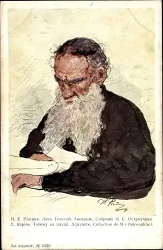 Künstler Ak Repine, E., Schriftsteller Lew Nikolajewitsch Tolstoi