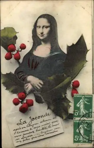 Ak Paris I Louvre, Mona Lisa, eine Abbildung, umgeben von Blättern und roten Beeren