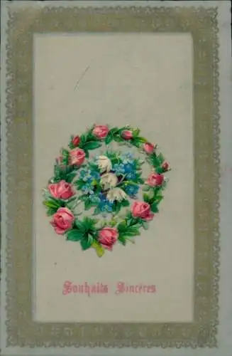 Zelluloid Ak Kitsch, Blumenkranz, Rosen, Vergissmeinnicht