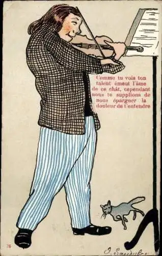 Ak Chantenay Loire Atlantique, Mann mit gestreiften Hosen spielt Violine, Katze liegt davor