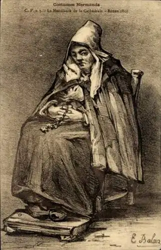 Ak Rouen Seine Maritime, Zeichnung einer alten Frau in traditioneller normannischer Tracht, di...