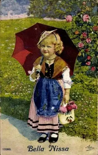 Ak Nice Nizza Alpes Maritimes, Mädchen mit rotem Regenschirm und Blumenkorb