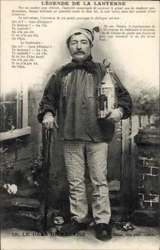 Ak Falaise Calvados, Mann mit Laterne, Text in französischer Sprache