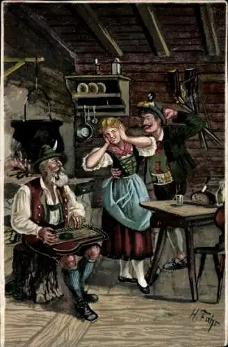 Ak Cassel Kassel in Hessen, Ein Mann spielt auf einer Zither. Eine Frau hält sich die Ohren zu...