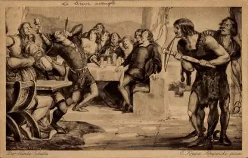 Ak Niederheimbach am Rhein, Burg Sooneck, Der blinde Schütze, E. Krupa-Krupinski