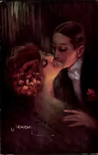 Ak Frankfurt am Main, Mann und Frau küssen sich verdeckt von einem Vorhang.