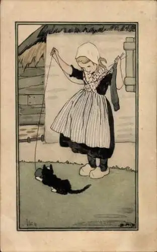 Ak Holland Michigan USA, Mädchen in traditioneller holländischer Kleidung beim Wäsche aufhänge...