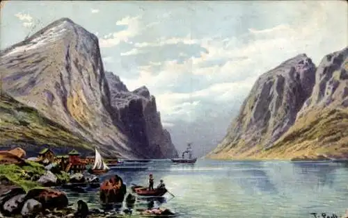 Künstler Ak Norwegen, Panorama, Fjord, Dampfer