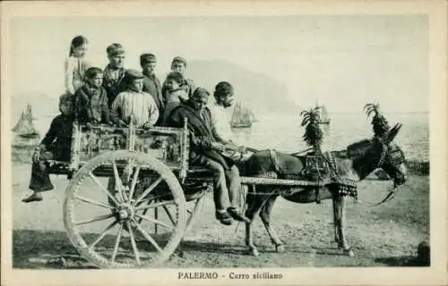 Ak Palermo Sizilien Sicilia Italien, Kutsche, Esel, Italienische Tracht