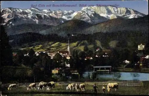 Ak Bad Tölz in Oberbayern, Blick vom Klammerweiher, Benediktenwand, Berge, Dorf, Kühe