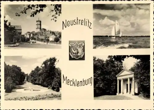 Wappen Ak Neustrelitz in Mecklenburg, Schlossgarten, Kirche, Segelboot
