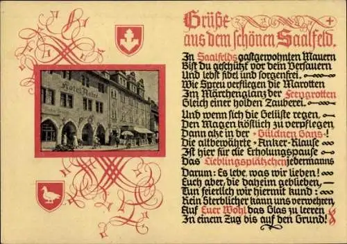 Ak Saalfeld an der Saale Thüringen, Hotel Raher, Grüße aus dem schönen  Märchenglanz, Anker-Kl...