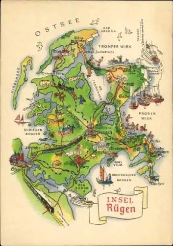 Ak Insel Rügen, Map von  mit Orten und Sehenswürdigkeiten, maritime Elemente, Ostsee