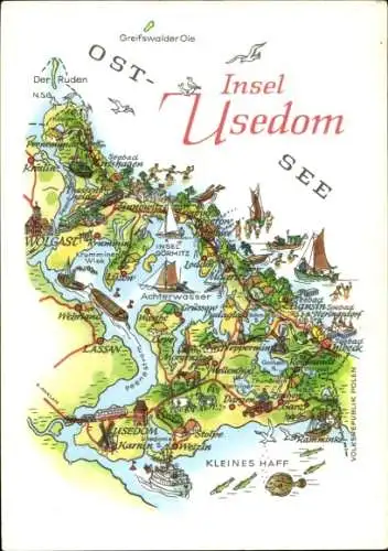 Ak Insel Usedom, Detailkarte von Usedom, Gewässer, Städte, Landschaft, Schiffe