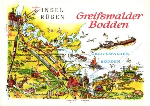 Landkarten Ak Insel Rügen, Greifswalder Bodden, Stralsund