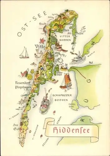 Landkarten Ak Insel Hiddensee Ostsee, Vitte, Neuendorf, Plogshagen, Neuendorf, Bodden, Kloster