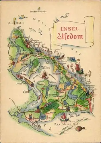 Landkarten Ak Insel Usedom, Zinnowitz, Heringsdorf, Bansin, Wolgast, Lassan
