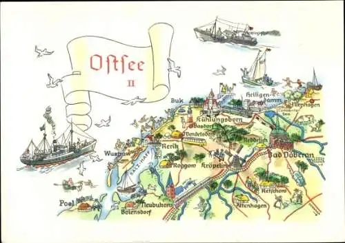 Ak Damerow Koserow an der Ostsee, Karte der  Illustrationen von Orten, Schiffe, Vögel