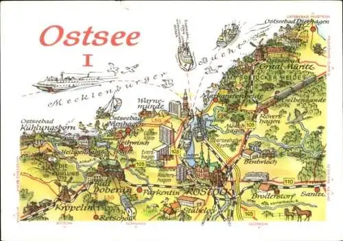 Ak Damerow Koserow an der Ostsee, Karte der  Sehenswürdigkeiten, Küstenorte, Schiffe, farbenfr...