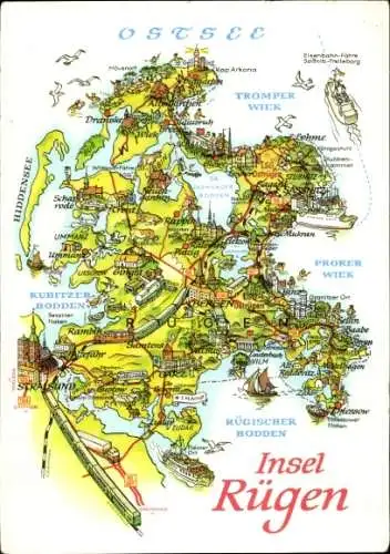 Ak Insel Rügen, Detailreiche Karte von Rügen, Ostsee, diverse Orte, farbenfroh, illustriert