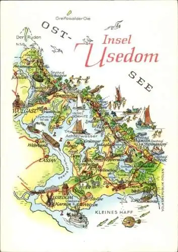 Ak Insel Usedom, Karte von  Strände, Orte, Gewässer, Insel-Karte