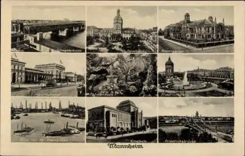 Ak Mannheim in Baden, Stadtansichten, Rheinbrücke, Hauptbahnhof, Rosengarten, Palmenhaus