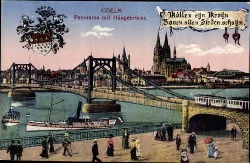 Ak Köln am Rhein, Köln mit Hängebrücke, Panorama, Besucher, Schiffe, Kathedrale