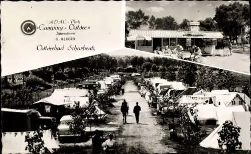 Ak Ostseebad Scharbeutz in Holstein, Campingplatz, Zelte, Bäume, Gebäude, ADAC Logo