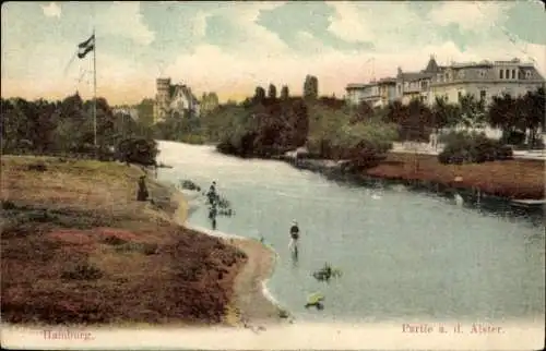 Ak Hamburg Mitte Neustadt, Dammtor, Wasserstraße, Häuser, Bäume, Flagge, historische Ansicht