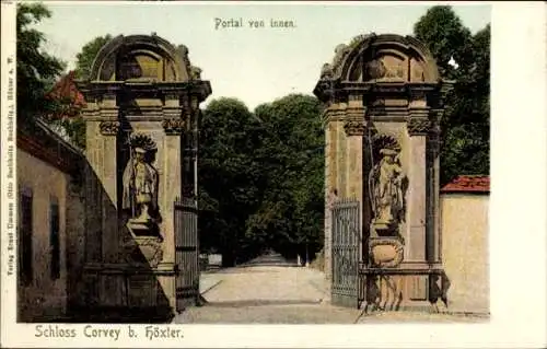 Ak Höxter an der Weser, Portal von innen, Schloss Corvey, zwei Statuen, Grüntöne, alte Postkarte