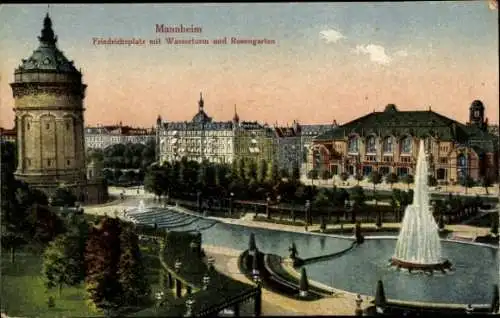 Ak Mannheim in Baden, Friedrichsplatz, Wasserturm, Rosengarten, historische Ansicht
