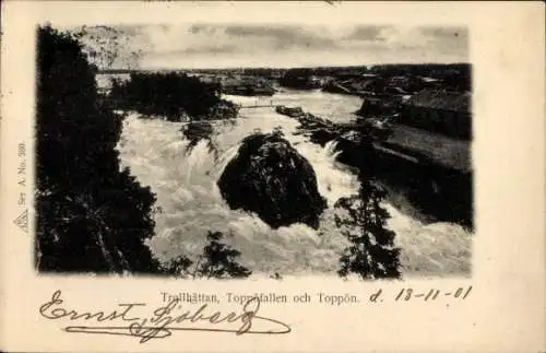 Ak Trollhättan Schweden, Schwarz-Weiß-Bild eines Wasserfalls, Umgebung mit Gebäuden, Felsen