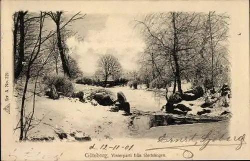 Ak Göteborg Schweden, Vinterlandschaft, verschneite Bäume, ruhiges Gewässer, Slottskogen