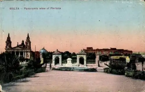 Ak Floriana Malta, Panoramablick auf Floriana, Kirchen, Brunnen, bunte Postkarte