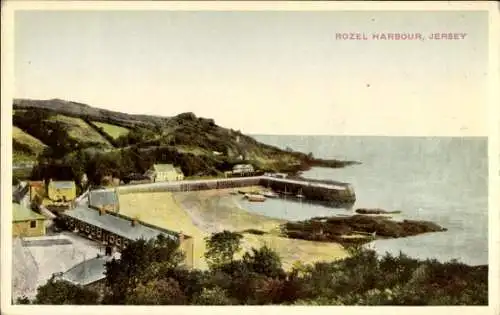 Ak Rozel Bay Kanalinsel Jersey , Landschaftsaufnahme, Küstenblick, Hafen, grüne Hügel, Gebäude