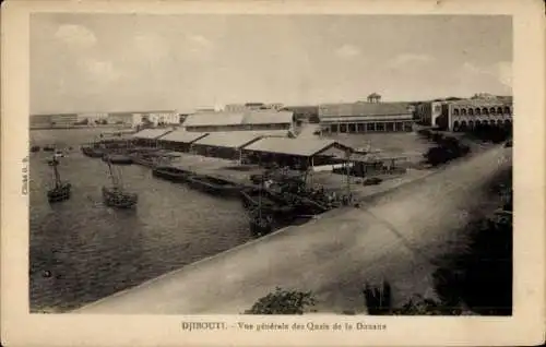 Ak Djibouti Dschibuti, Hafenansicht, Schiffe, Speicherhäuser, Quai de la Douane
