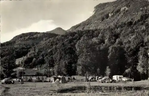 Ak La Roche sur Foron Haute Savoie, Campingplatz, Zeltlager, Berge, Autos, Nostalgiefoto