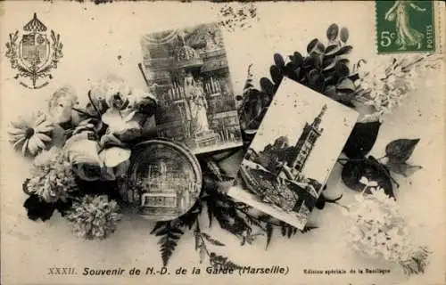 Ak Marseille Bouches du Rhône, Souvenir de N.-D. de la Garde, drei Bilder, Blumenverzierung