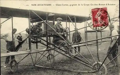CPA Nos Aviateurs, Gleen-Curtiss, gagnant de la Coupe Gordon-Bennet d'Aviation