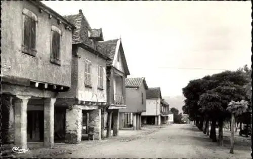 Ak Najac Aveyron, Schmale Straße, alte Häuser, Bäume, historische Architektur, Schwarz-Weiß