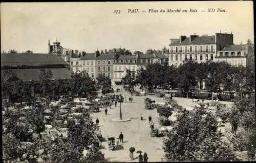 Ak Pau Pyrénées-Atlantiques, Platz mit Marktständen, Bäume, Gebäude, Menschen, Autos