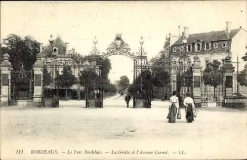 Ak Bordeaux Gironde, Eingang zum Parc Bordelais, Grille et Avenue Carnot, historische Postkarte