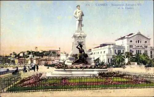 Ak Cannes Alpes Maritimes, Monument Edouard VII, Casino, Parkanlagen, Blumenbeete, Statue