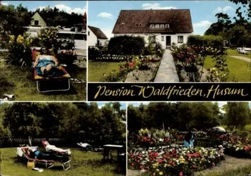 Ak Husum in Nordfriesland, Pension Waldfrieden, Garten, Liegen, Blumenbeete, entspannende Atmosph