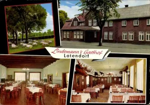 Ak Latendorf in Holstein, Lindemanns Gasthof, Außenansicht, Terrasse, Innenräume