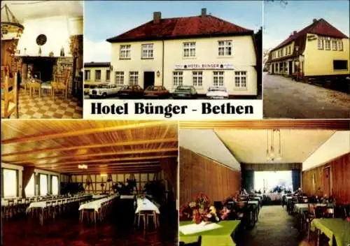 Ak Bethen Cloppenburg in Niedersachsen, Hotel Bünger, verschiedene Ansichten, Innenräume und Auße