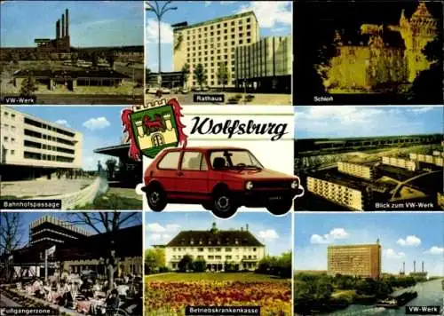 Ak Wolfsburg in Niedersachsen, VW-Werk, Rathaus, Schloß, Blick zum VW-Werk, Fußgängerzone, Betrie