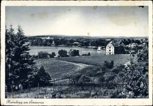 Ak Herrsching am Ammersee, Aussicht über den Ammersee, Gebäude, Segelboot, Landschaft