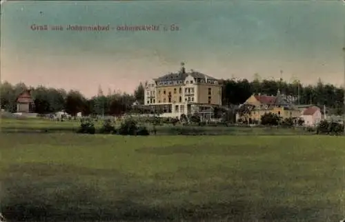 Ak Johannisbad Schmeckwitz Räckelwitz Oberlausitz, Historisches Gebäude, Wiese, Wald, Grüße aus J